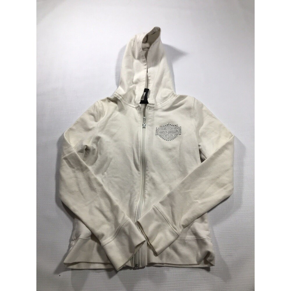 Harley Davidson Cotton Women's XS White Zip-up Hooded Jacket -Silver Logos